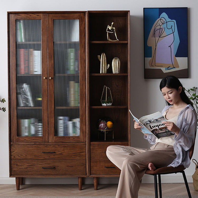 Elegant Brown Cherry and Paulownia Wood Cabinet with Glass and Metal Accents fyx-857