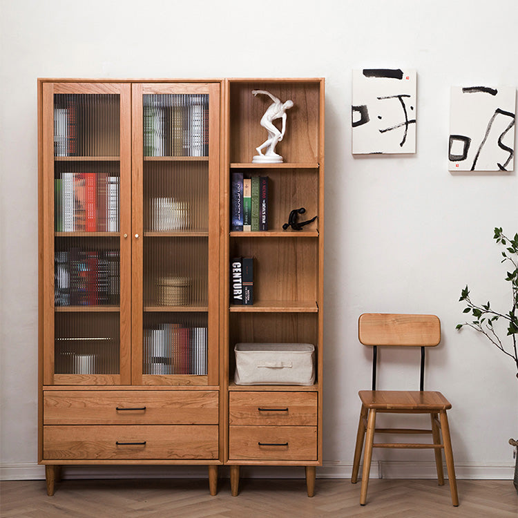 Elegant Brown Cherry and Paulownia Wood Cabinet with Glass and Metal Accents fyx-857