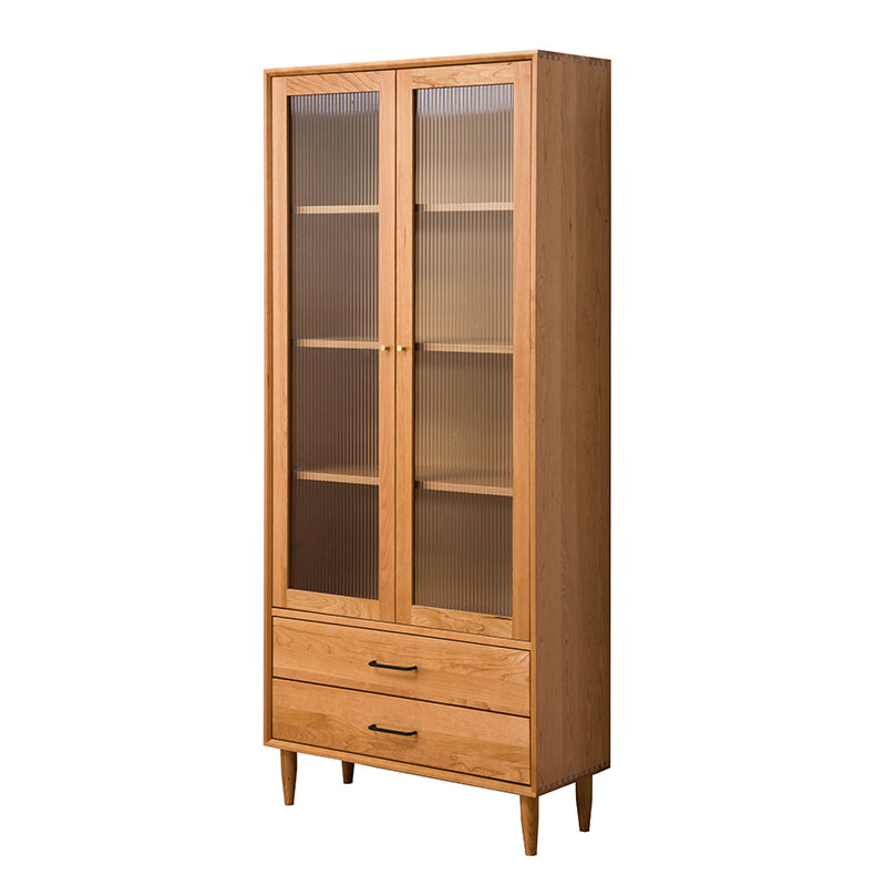 Elegant Brown Cherry and Paulownia Wood Cabinet with Glass and Metal Accents fyx-857