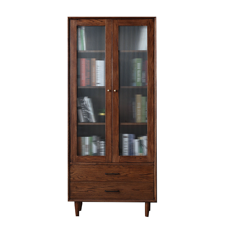 Elegant Brown Cherry and Paulownia Wood Cabinet with Glass and Metal Accents fyx-857