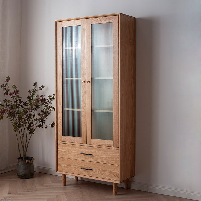 Elegant Brown Cherry and Paulownia Wood Cabinet with Glass and Metal Accents fyx-857