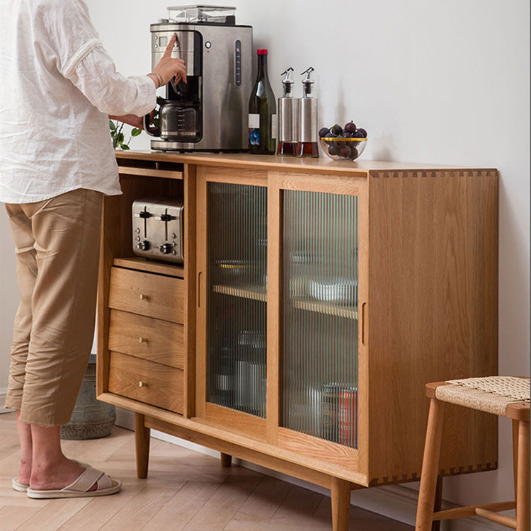 Elegant Natural Cherry and Beech Wood Cabinet with Glass and Copper Accents fyx-859