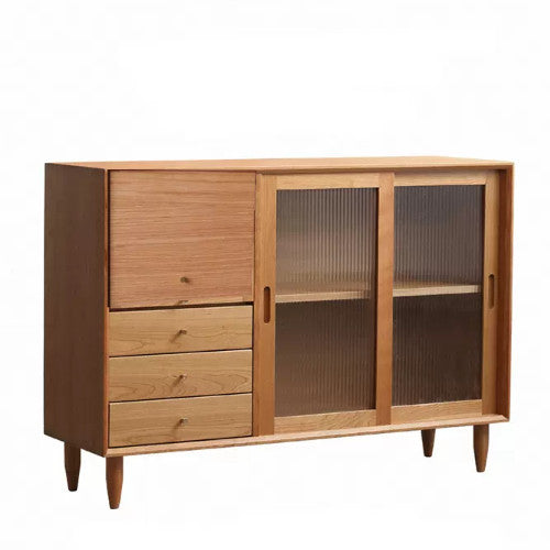 Elegant Natural Cherry and Beech Wood Cabinet with Glass and Copper Accents fyx-859