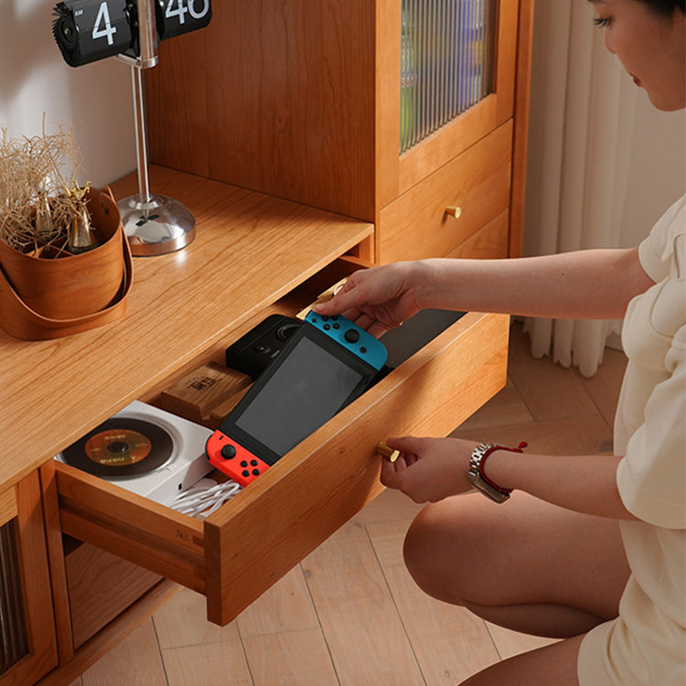 Elegant Oak and Cherry Wood TV Cabinet with Glass Doors and Copper Accents fyx-860