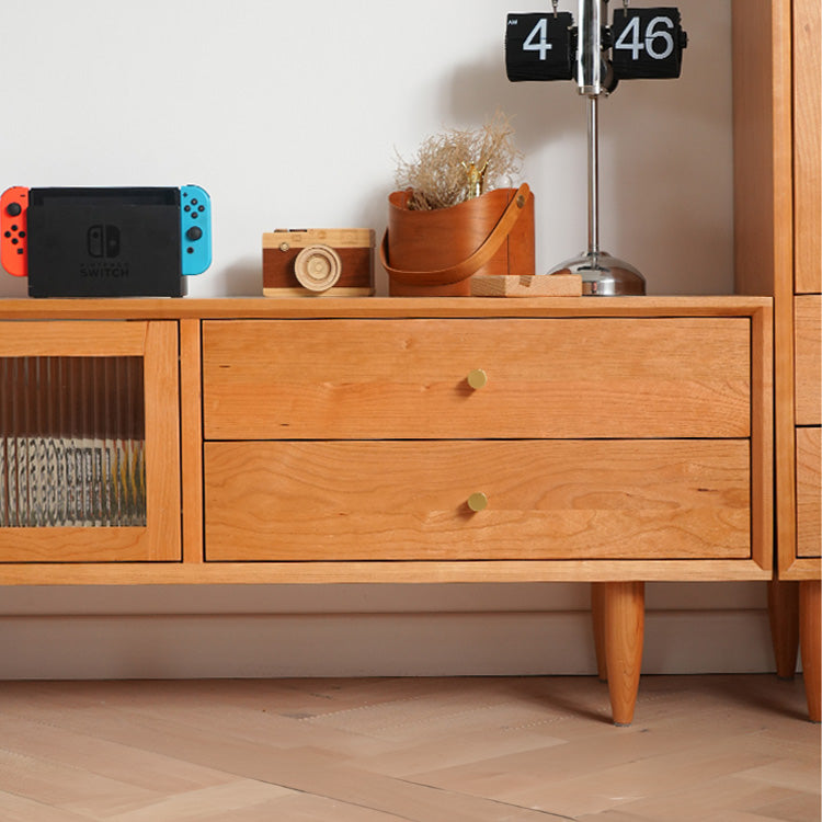 Elegant Oak and Cherry Wood TV Cabinet with Glass Doors and Copper Accents fyx-860