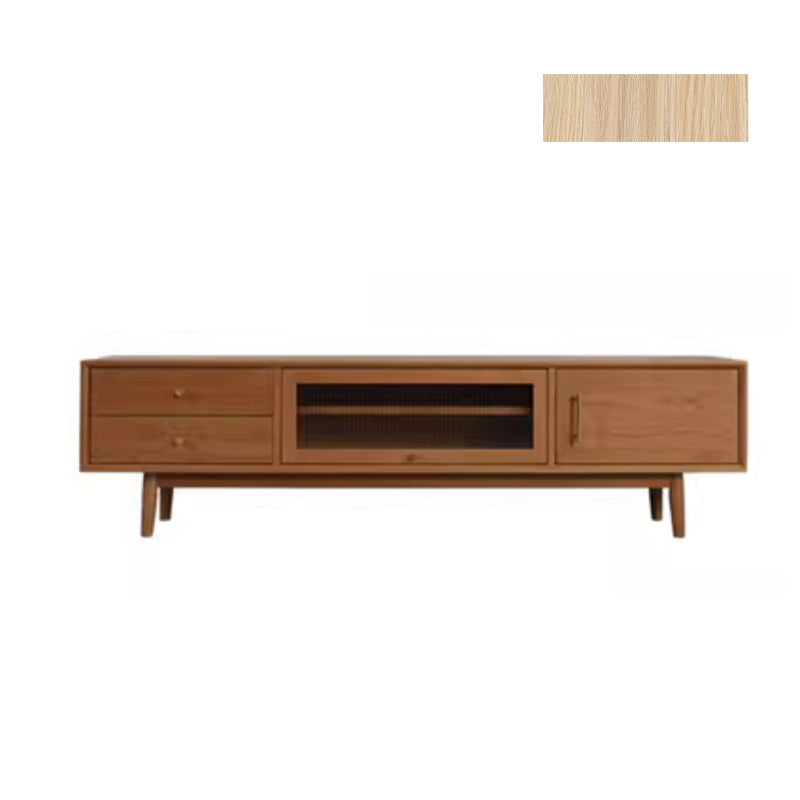 Elegant Oak and Cherry Wood TV Cabinet with Glass Doors and Copper Accents fyx-860