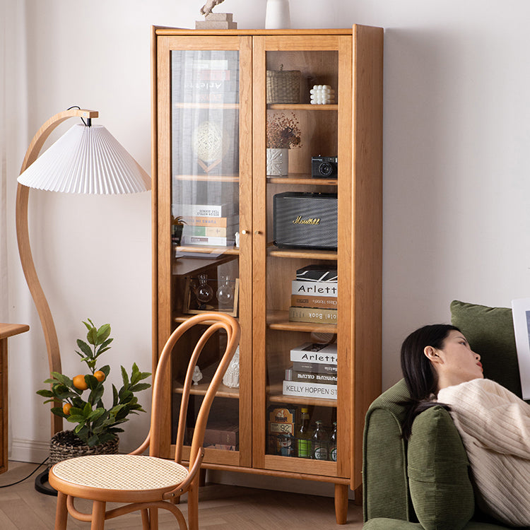 Elegant Cherry Wood Cabinet with Tempered Glass and Copper Accents fyx-861