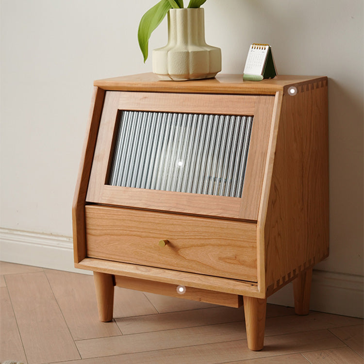 Elegant Cherry Wood Nightstand with Copper and Glass Accents fyx-862