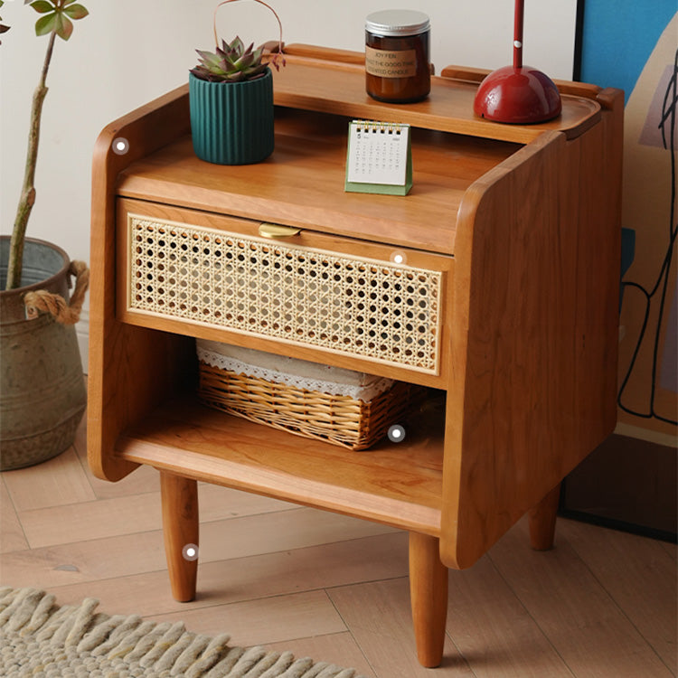 Elegant Cherry Wood Nightstand with Copper and Glass Accents fyx-862