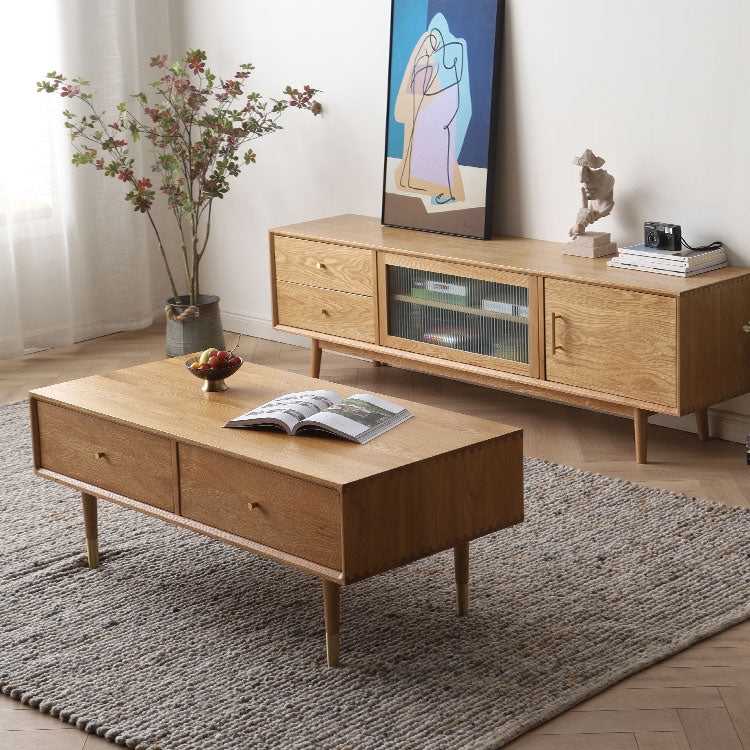 Rectangular Natural Wood Color Coffee Table with Drawers Storage - Modern for LIvingroom fyx-866