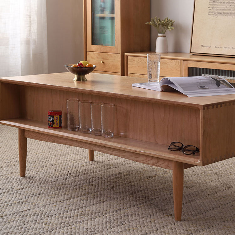 Rectangular Natural Wood Color Coffee Table with Drawers Storage - Modern for LIvingroom fyx-866