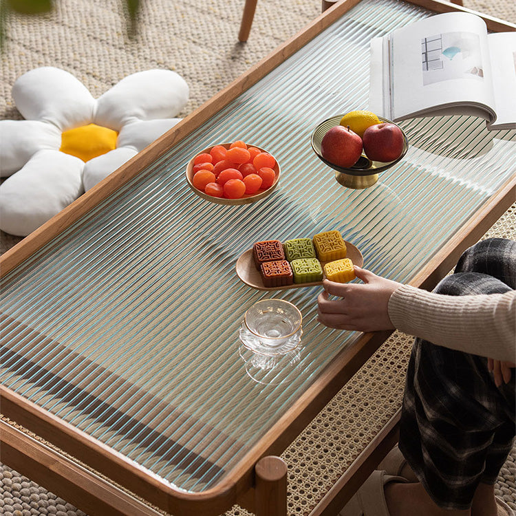 Rectangular Coffee Table with Glass Top and Stylish Rattan -Japanese Wooden Aesthetic for all roomsfyx-869