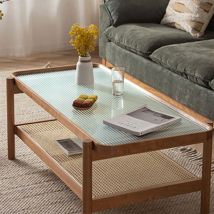 Rectangular Coffee Table with Glass Top and Stylish Rattan -Japanese Wooden Aesthetic for all roomsfyx-869