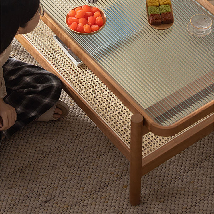 Rectangular Coffee Table with Glass Top and Stylish Rattan -Japanese Wooden Aesthetic for all roomsfyx-869