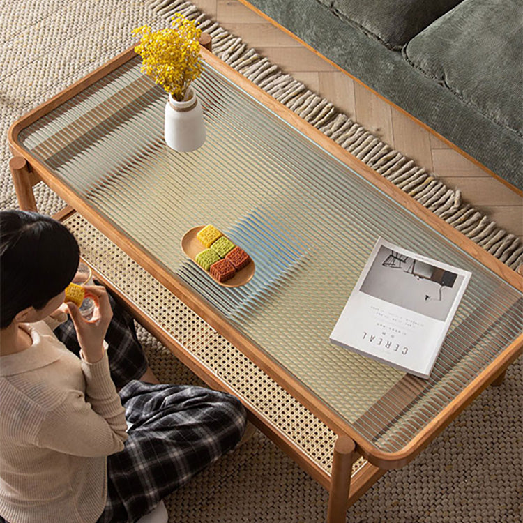 Rectangular Coffee Table with Glass Top and Stylish Rattan -Japanese Wooden Aesthetic for all roomsfyx-869