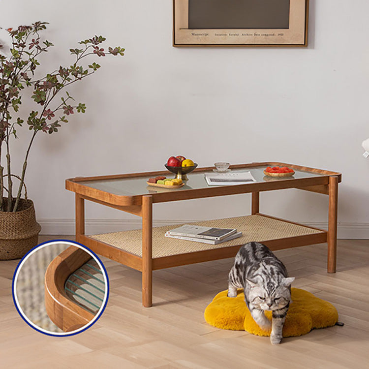 Rectangular Coffee Table with Glass Top and Stylish Rattan -Japanese Wooden Aesthetic for all roomsfyx-869