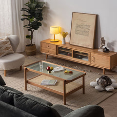 Rectangular Coffee Table with Glass Top and Stylish Rattan -Japanese Wooden Aesthetic for all roomsfyx-869