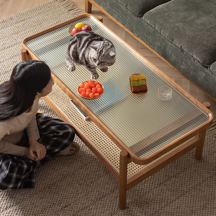 Rectangular Coffee Table with Glass Top and Stylish Rattan -Japanese Wooden Aesthetic for all roomsfyx-869