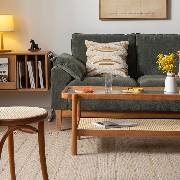 Rectangular Coffee Table with Glass Top and Stylish Rattan -Japanese Wooden Aesthetic for all roomsfyx-869