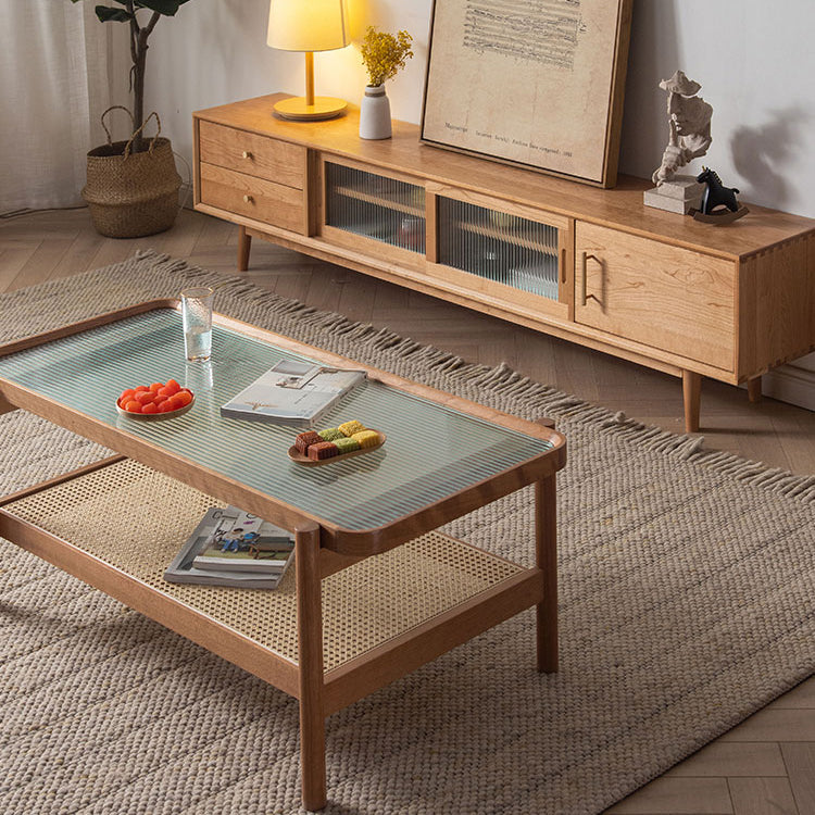 Rectangular Coffee Table with Glass Top and Stylish Rattan -Japanese Wooden Aesthetic for all roomsfyx-869