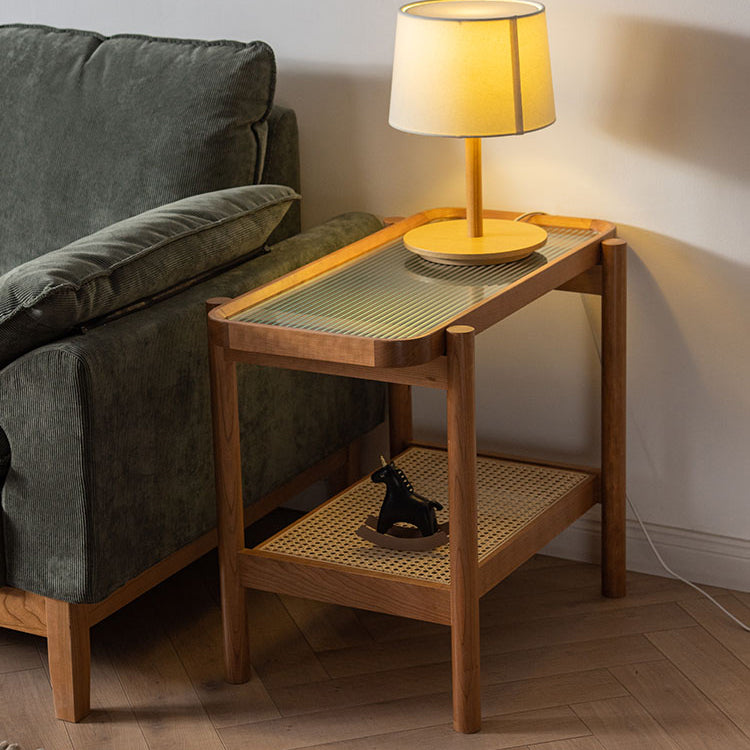 Rectangular Coffee Table with Glass Top and Stylish Rattan -Japanese Wooden Aesthetic for all roomsfyx-869