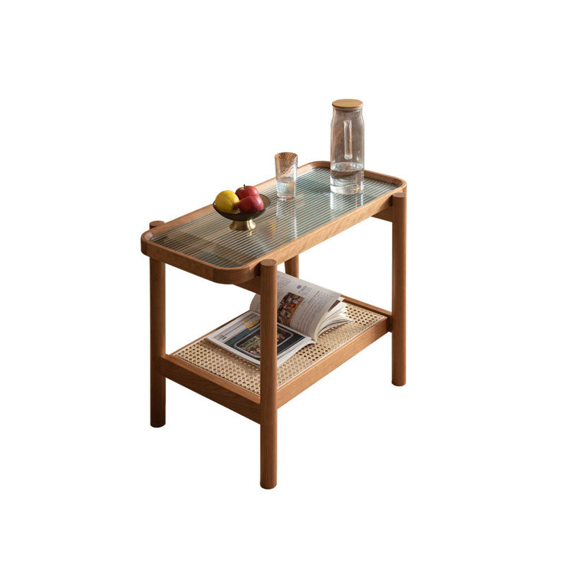 Rectangular Coffee Table with Glass Top and Stylish Rattan -Japanese Wooden Aesthetic for all roomsfyx-869