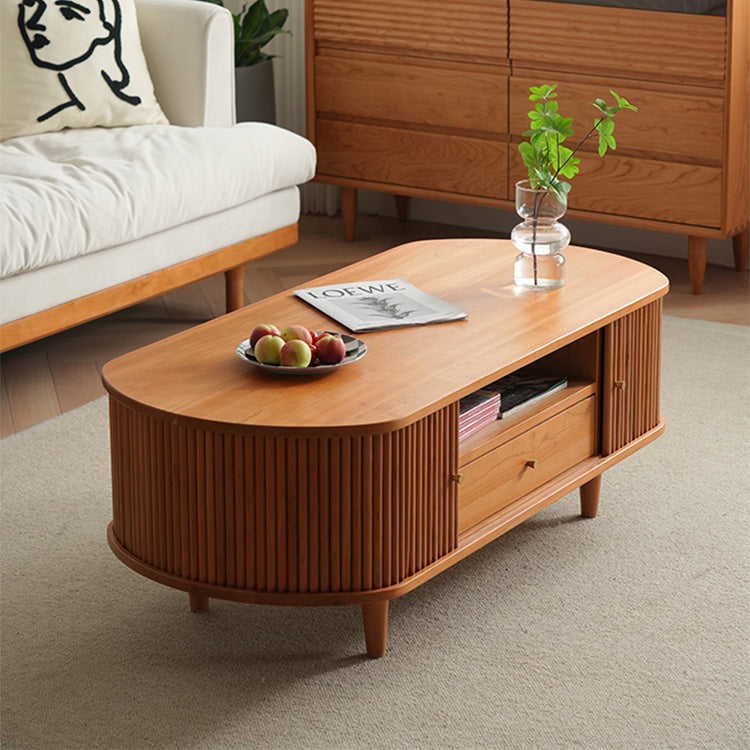 Oval Wooden Coffee Table with storage - Modern for Livingroom in Natural Wood Color fyx-872