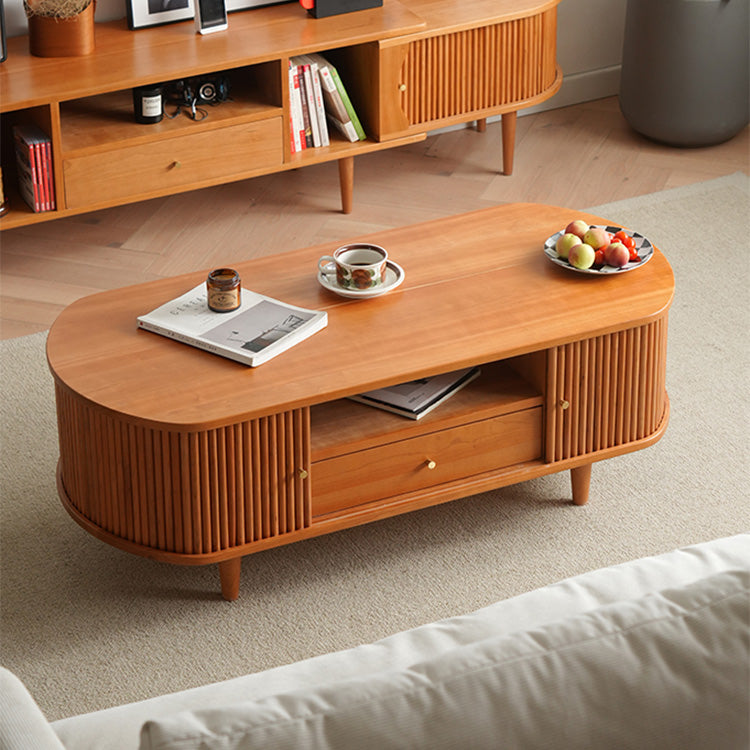 Oval Wooden Coffee Table with storage - Modern for Livingroom in Natural Wood Color fyx-872