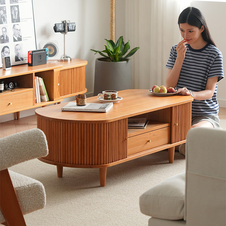 Oval Wooden Coffee Table  in Natural Wood Color with storage - Modern for Livingroom0 fyx-873