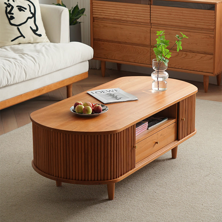 Oval Wooden Coffee Table  in Natural Wood Color with storage - Modern for Livingroom0 fyx-873