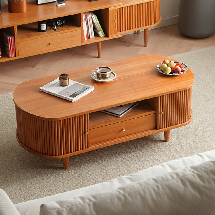 Oval Wooden Coffee Table  in Natural Wood Color with storage - Modern for Livingroom0 fyx-873