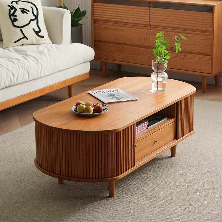 Oval Wooden Coffee Table  in Natural Wood Color with storage - Modern for Livingroom0 fyx-873