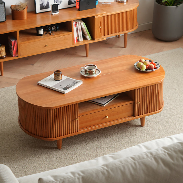 Oval Wooden Coffee Table  in Natural Wood Color with storage - Modern for Livingroom0 fyx-873