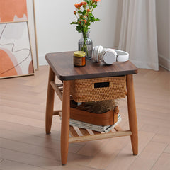 Stylish End Table in Cherry Wood & Walnut with Elegant Rattan Design fyx-874