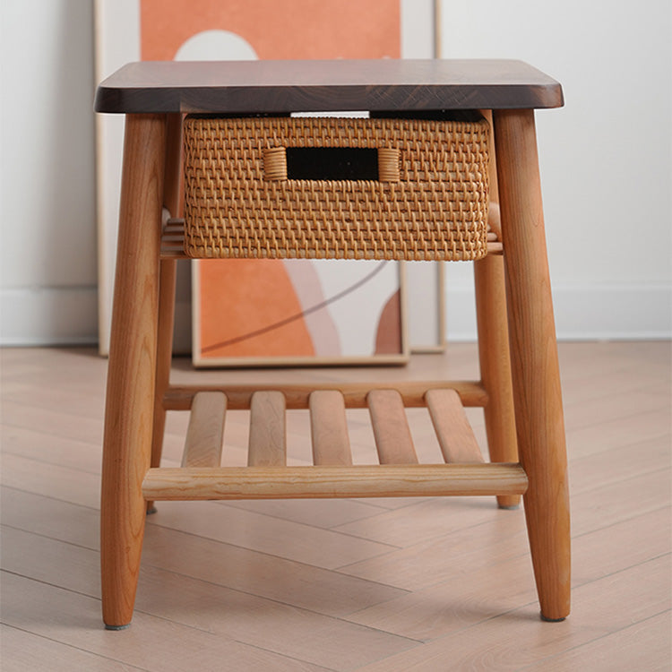 Stylish End Table in Cherry Wood & Walnut with Elegant Rattan Design fyx-874