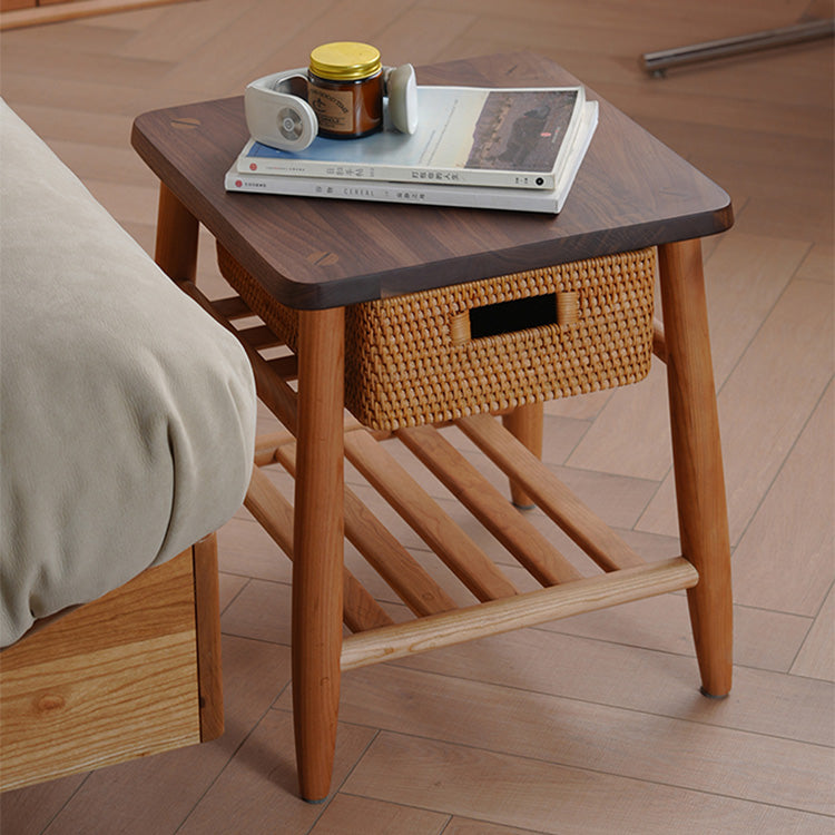 Stylish End Table in Cherry Wood & Walnut with Elegant Rattan Design fyx-874