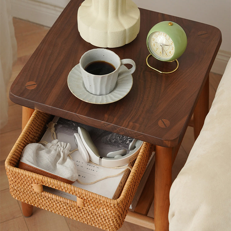 Stylish End Table in Cherry Wood & Walnut with Elegant Rattan Design fyx-874