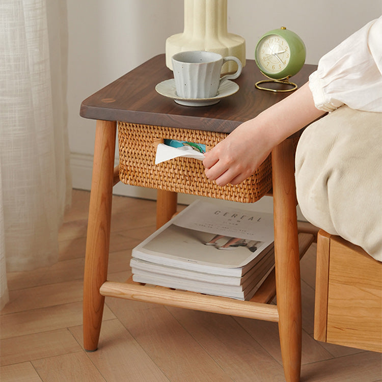 Stylish End Table in Cherry Wood & Walnut with Elegant Rattan Design fyx-874