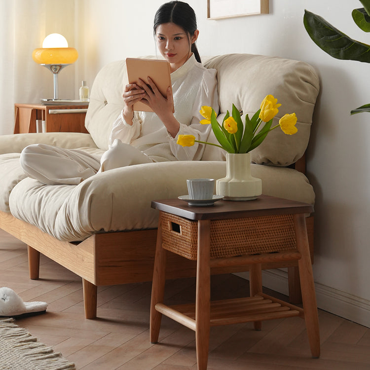 Stylish End Table in Cherry Wood & Walnut with Elegant Rattan Design fyx-874