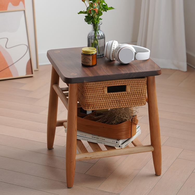 Stylish End Table in Cherry Wood & Walnut with Elegant Rattan Design fyx-874