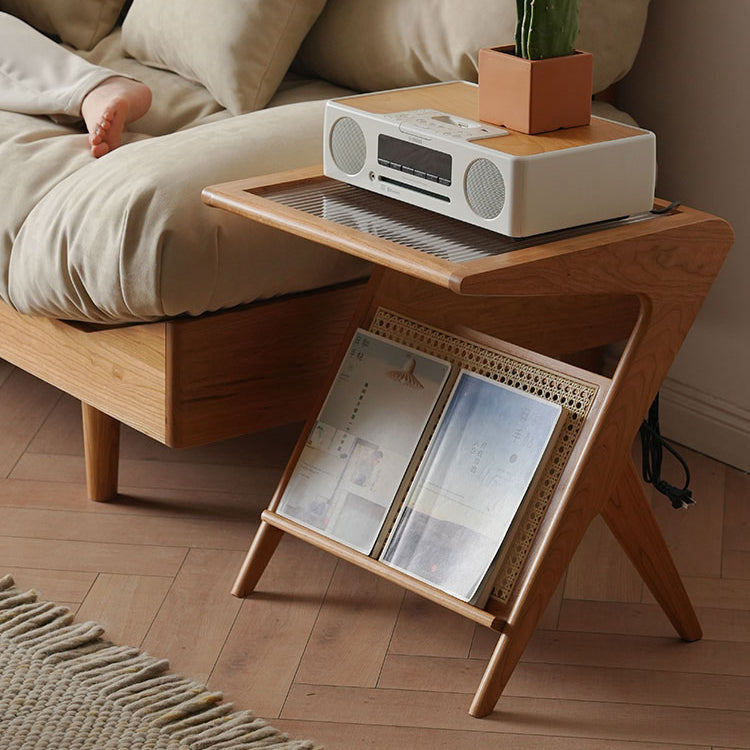 Rectangular Cherry Wood End Table with Glass Top - Vintage Style for Livingroom fyx-875