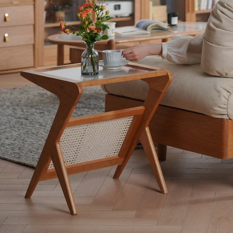 Rectangular Cherry Wood End Table with Glass Top - Vintage Style for Livingroom fyx-875