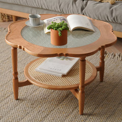 Petal Cherry Wood Coffee Table with Glass Top - Vintage for Livingroom fyx-876