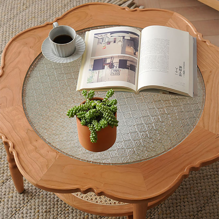 Petal Cherry Wood Coffee Table with Glass Top - Vintage for Livingroom fyx-876