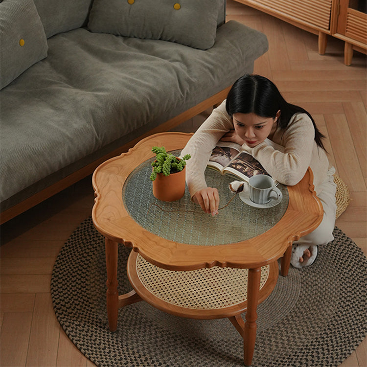 Petal Cherry Wood Coffee Table with Glass Top - Vintage for Livingroom fyx-876