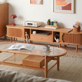 Oval Cherry Wood Coffee Table with Glass Top - Modern with Storage for LIvingroom fyx-877