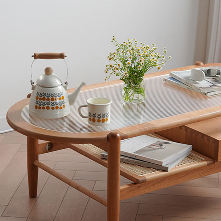 Oval Cherry Wood Coffee Table with Glass Top - Modern with Storage for LIvingroom fyx-877