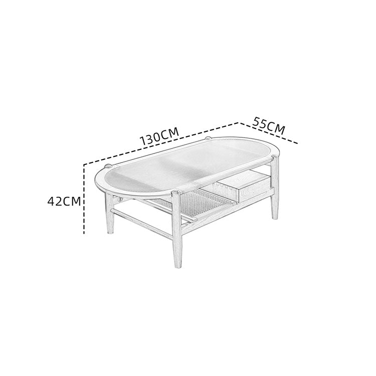 Oval Cherry Wood Coffee Table with Glass Top - Modern with Storage for LIvingroom fyx-877