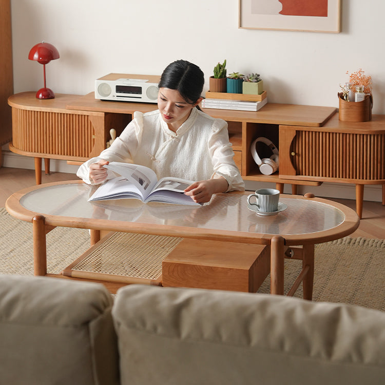 Oval Cherry Wood Coffee Table with Glass Top - Modern with Storage for LIvingroom fyx-877