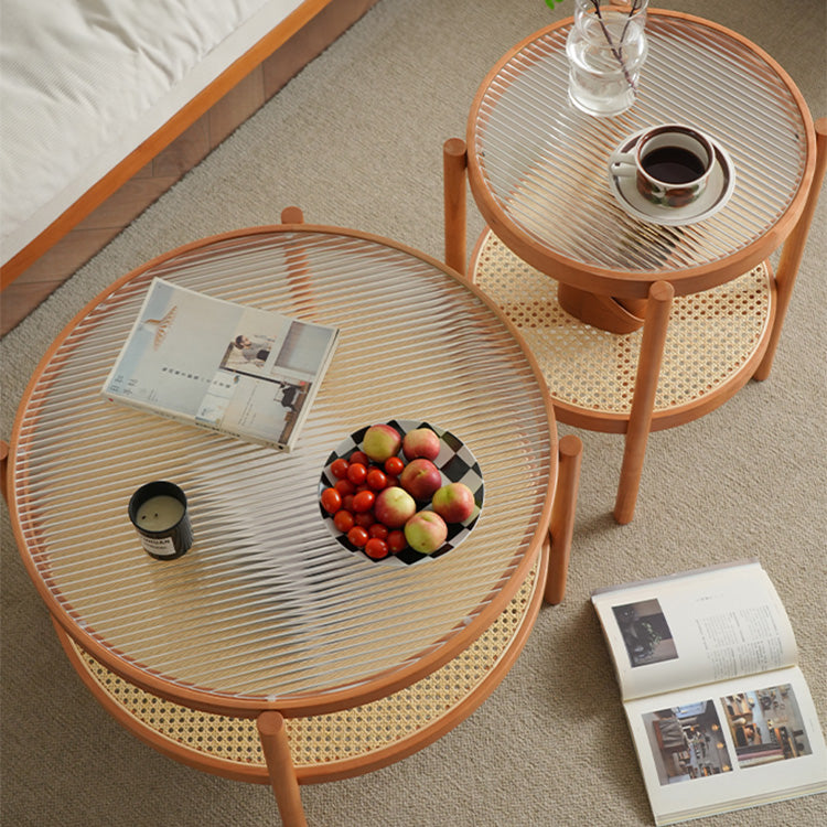 Round Cherry Wood Coffee Table with Rattan Bottom for Storage - Modern for Livingroom fyx-880